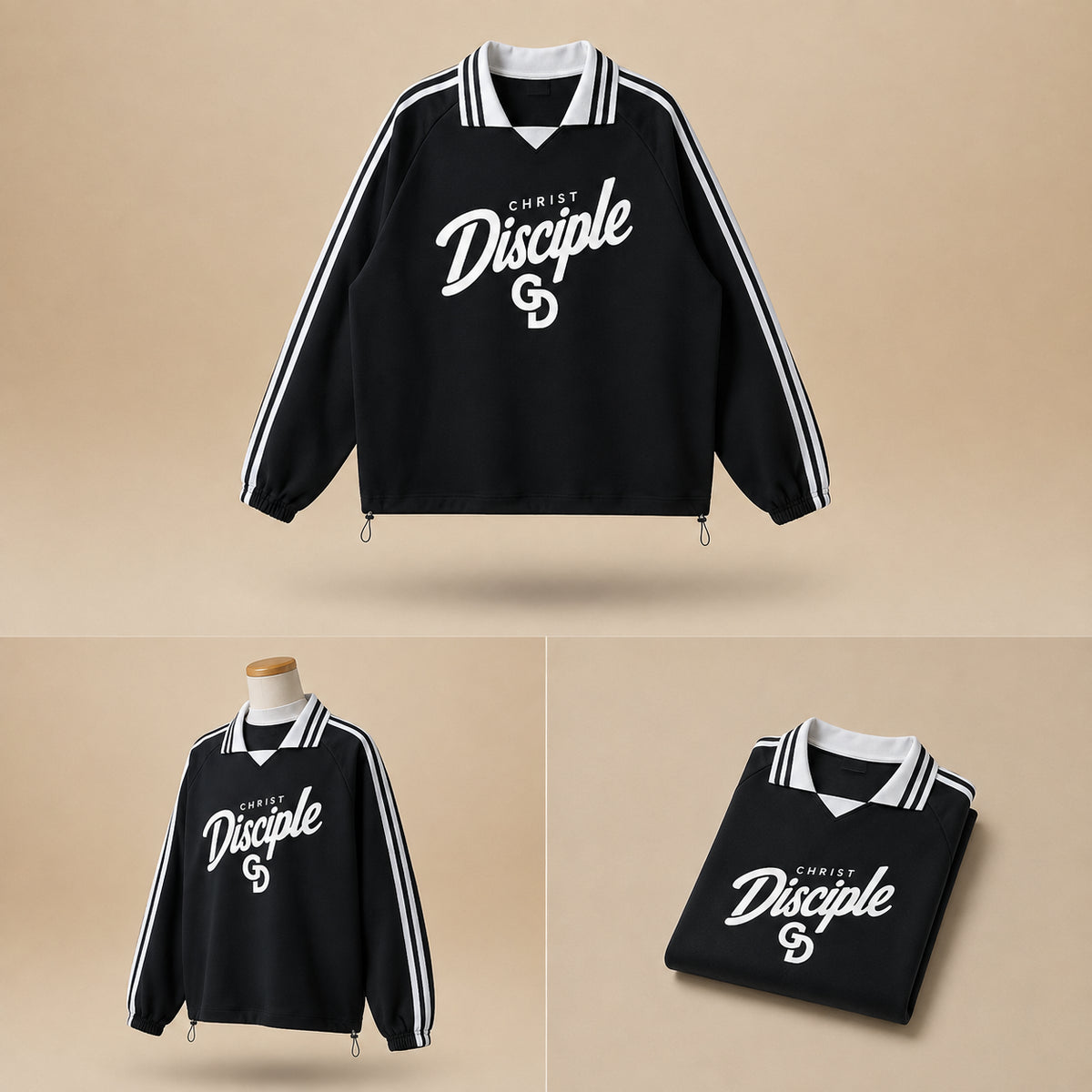 Christ Disciple Striped Lapel Collar Sweatshirt
