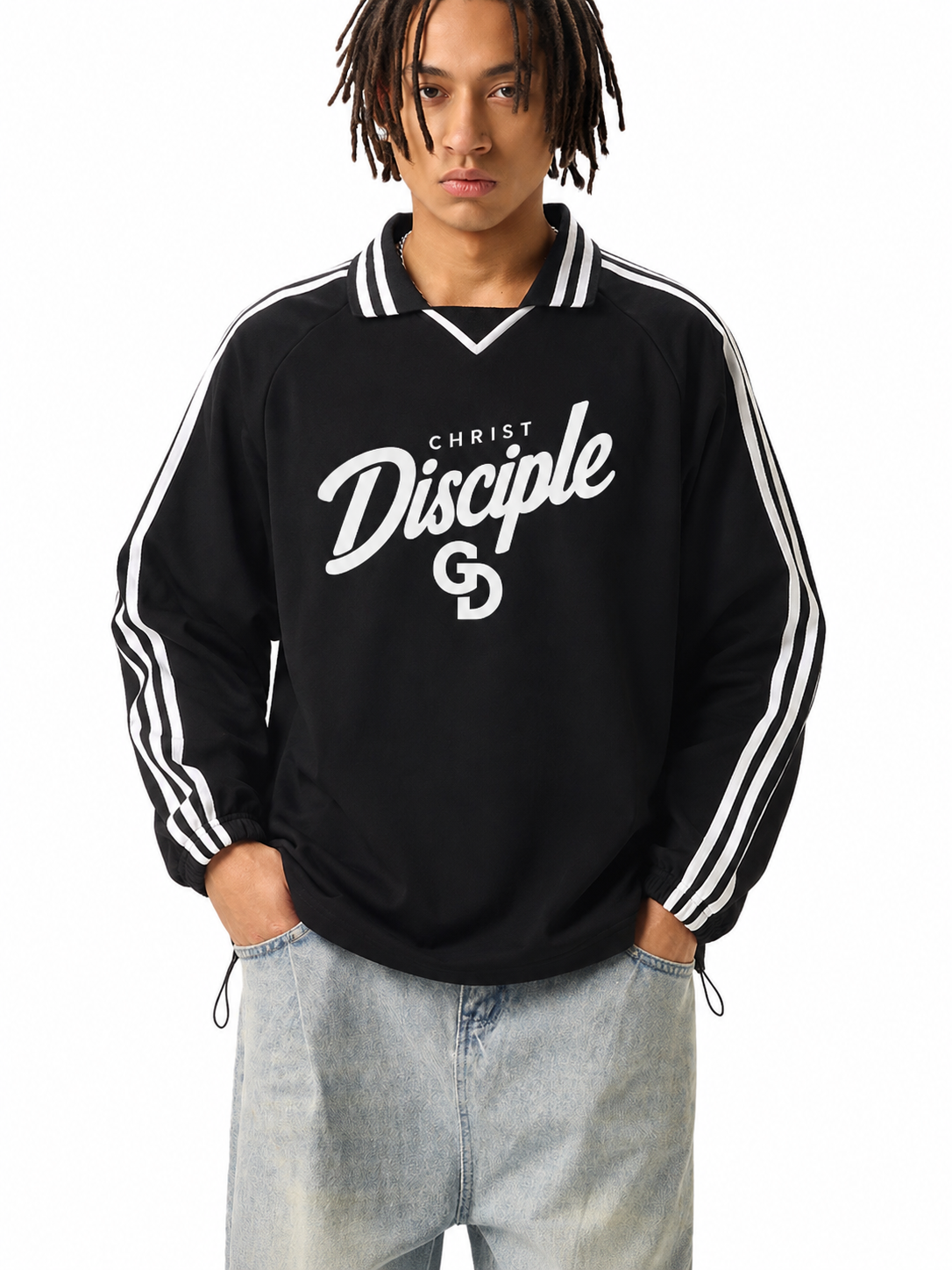 Christ Disciple Striped Lapel Collar Sweatshirt